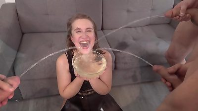 DAP - pee - swallowing - DIVE IN piss - Anastasia mistress VS 3 yam-sized cock (wet)