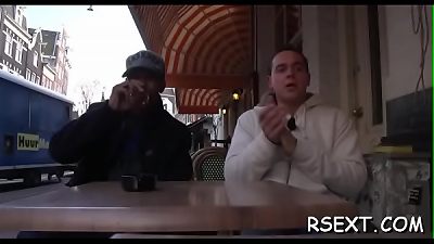 An aged prostitute gets her lips covered with young cock cream