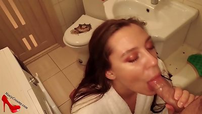 sweet babe suck off big man meat in the bathroom - spunk in facehole point of view