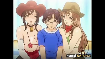 A geeky person's penis is inserted between a busty woman's breasts in the Hentai genre - Boobalicious - Hentait.com
