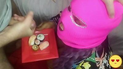 wild married mom blown our two penises and asked for our jizm on her food.Complete in red