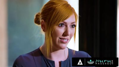 Lauren Phillips, a mature woman with large breasts, receives a massage and has sex with a man after performing a body slide