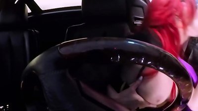 Shanda Fay, a mature woman with large breasts, cosplays outdoors while giving oral pleasure to a man