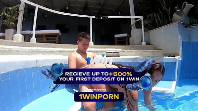 I invite my step-cousin to my bosses palace and he penetrates me inside the pool