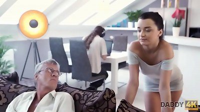 DADDY4K. guy works on computer while his girlfriend seduces studs elder dad
