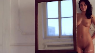 Dark Haired teen paws Herself In Front Of The Mirror