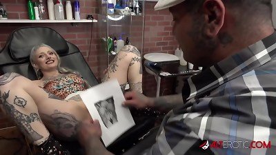 River Dawn Ink gives oral pleasure after getting a new vagina tattoo