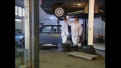 High class damsel pounded by mechanics in garage