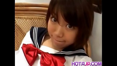 Ai Kazumi in school uniform gulps down dildo and receives banana in butt - Read more at JavHD