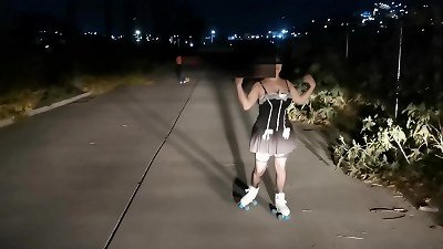 wanking in public, using skates and lingerie