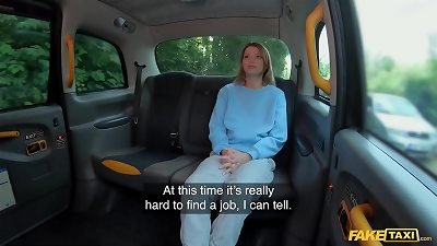 Unemployed woman gets her pink vagina vigorously penetrated in a pretend taxi