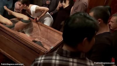 fuckslut in wooden glass box public banged