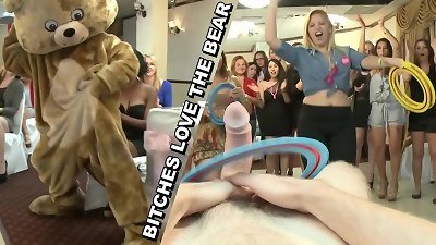 A man with hairy genital area performs a kinky practice for the bride-to-be and her promiscuous friends