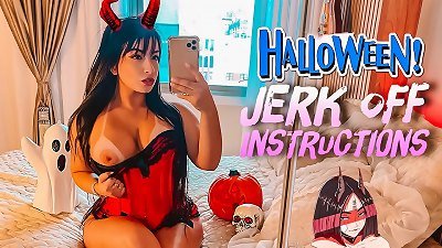 naughty little demon cosplay ample ass and huge melons latina JOI jerk off directions with her rope on begging you to spunk over her soles