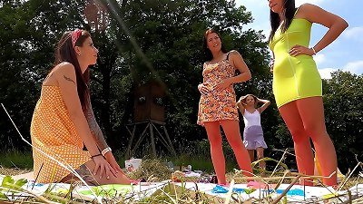 soiree ladies Outdoors No panties and with underwear in skirt and brief Sun dress try On with Twister Game play