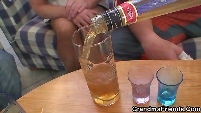 warm three-way party with ash-blonde aged grandma